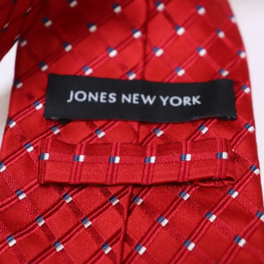 Jones New York Tie Mens 60 in Silk Red White Blue Micro Squares Diagonal Ribbed
